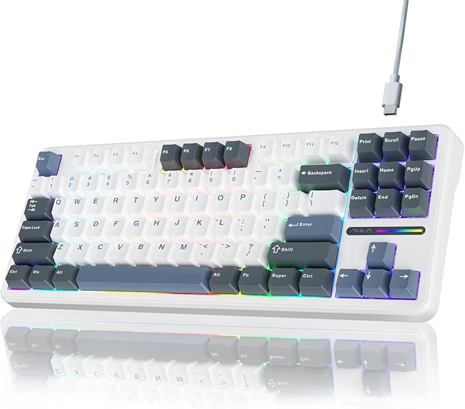 AULA F87 87 Keys Compact TKL Gasket Hot-Swappable Type-C Wired/Wireless Gaming Mechanical Keyboard LEOBOG Grey Wood V3 - Glacier Blue