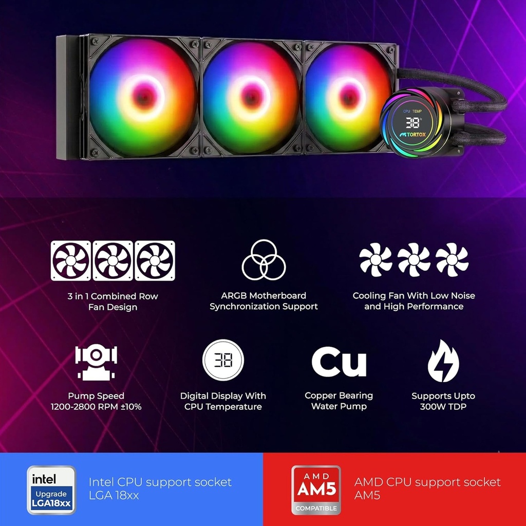 Tortox Nivora Vibe 360 ARGB Liquid CPU Cooler, Triple 120mm PWM Fans, Compatible with Intel LGA18xx/1700/1200/115x & AMD AM5/AM4 - White