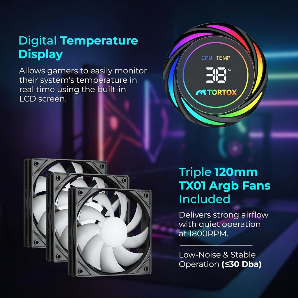 Tortox Nivora Vibe 360 ARGB Liquid CPU Cooler, Triple 120mm PWM Fans, Compatible with Intel LGA18xx/1700/1200/115x & AMD AM5/AM4 - White