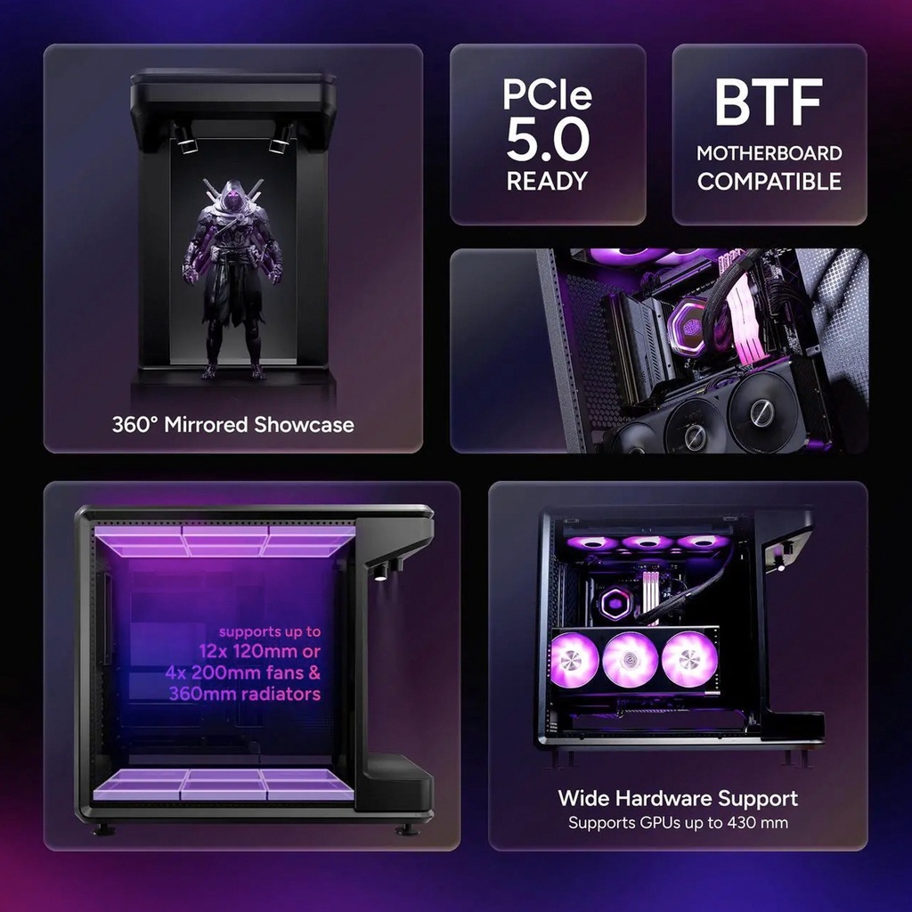 Cooler Master MasterFrame 360 Stage Mirror ATX Mid-Tower Right & Left Panel Tempered Glass Case -Black