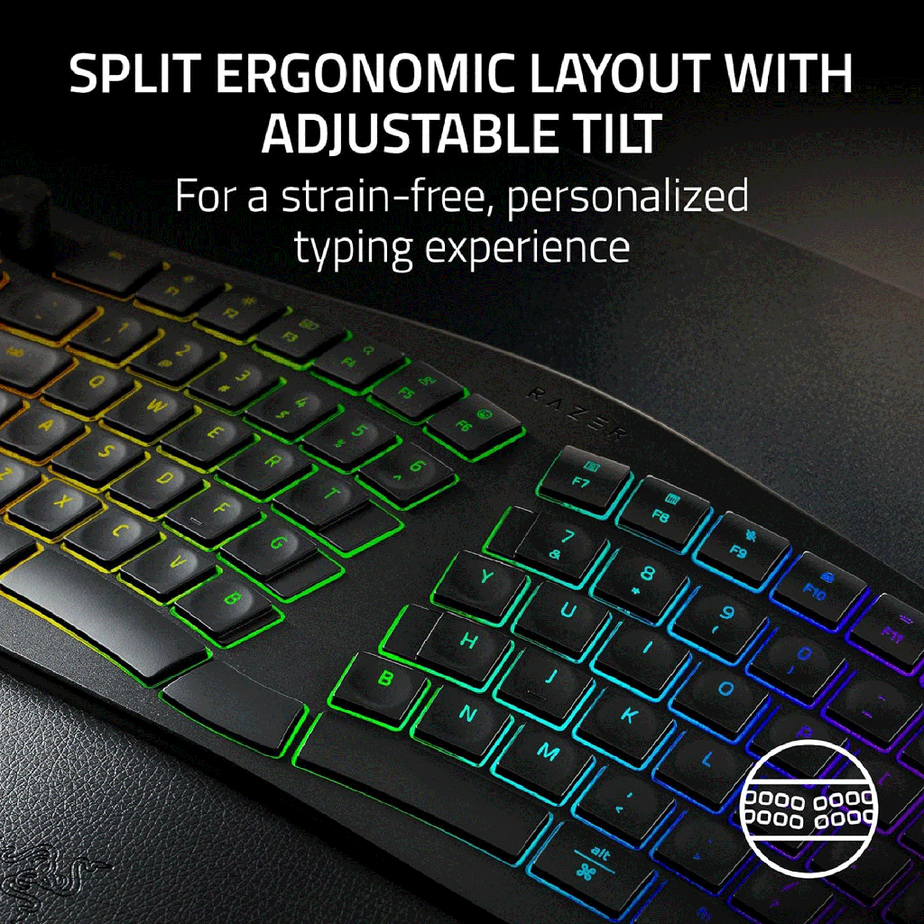 Razer Pro Type Ergo Wireless/Wired/BT 2.4GH Split Ergonomic RGB Keyboard - Black