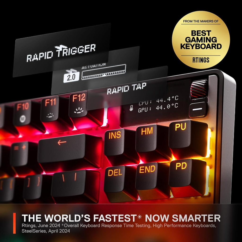 SteelSeries Apex Pro Esports TKL Gen 3 Quantum 2.0 Dual Wireless/ Bluetooth/Wired Mechanical Gaming Keyboard, Omnipoint 3.0 Smarter GG QuickSet, Dynamic Per-Key RGB illumination, OLED Smart Display, Magnetic Wrist Rest, For PC/PS5 & Xbox