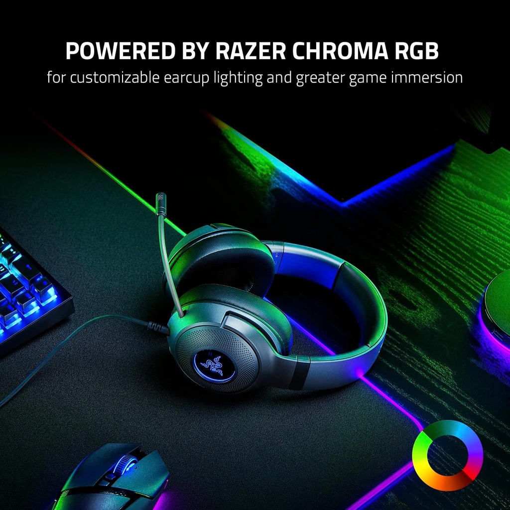Razer Kraken V3 X Wired USB Gaming Headset: HyperClear Cardioid Mic, Oval Ear Cushions, Hybrid fabric, memory foam ear cushions, USB Type A, Surround sound, Chroma RGB, For PC, PS4 - Black