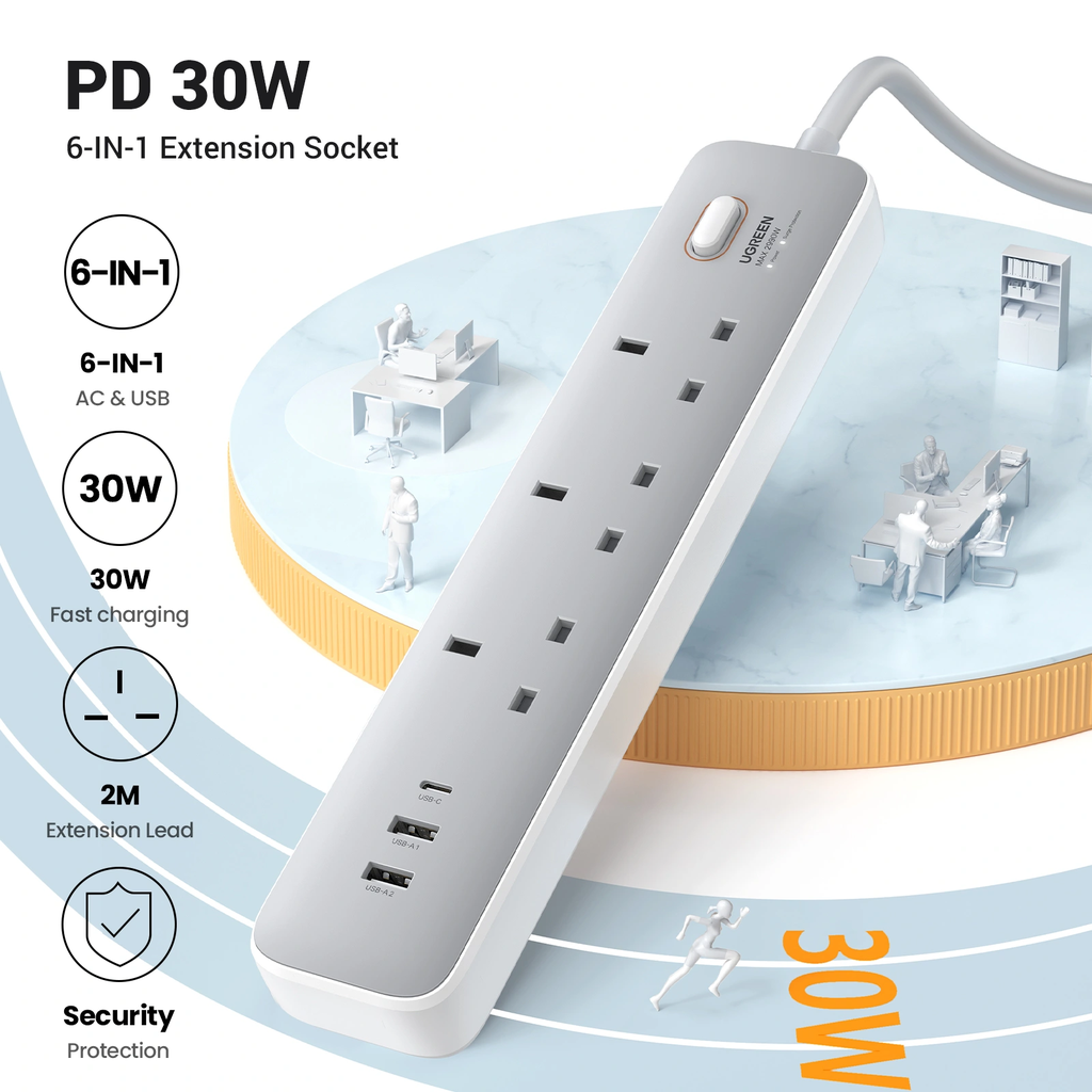 Ugreen 3-Outlet Surge Protector Master Switch Extension With 30W Type-C Port + Dual USB Ports – CD286 - 15461