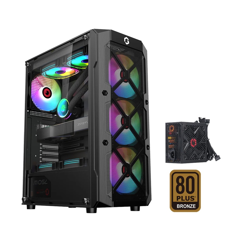 [GO-TRIDENTIII-PSM] GameOn Trident III-M PowerForge Series Mid Tower Gaming Case With 750W Power Supply Pre-Installed (4 ARGB Fans Included) - Black