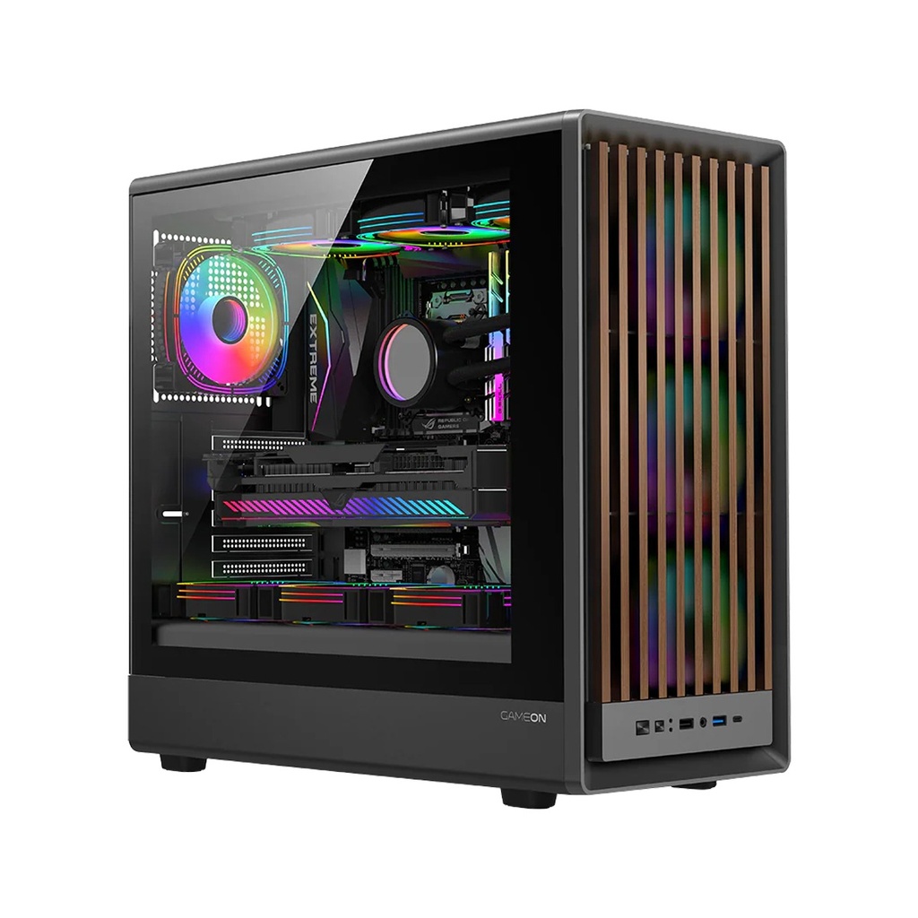 [GO-TIMBERI-M] GameOn Timberi Midnight Series ARGB + PWM Mid Tower Gaming Case With (7 Fans Included) - Wood/Black