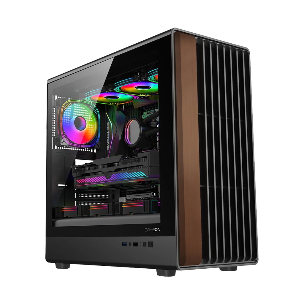 [GO-TIMBER-M] GameOn Timber Midnight Series ARGB + PWM Mid Tower Gaming Case With (7 Fans Included) - Wood/Black