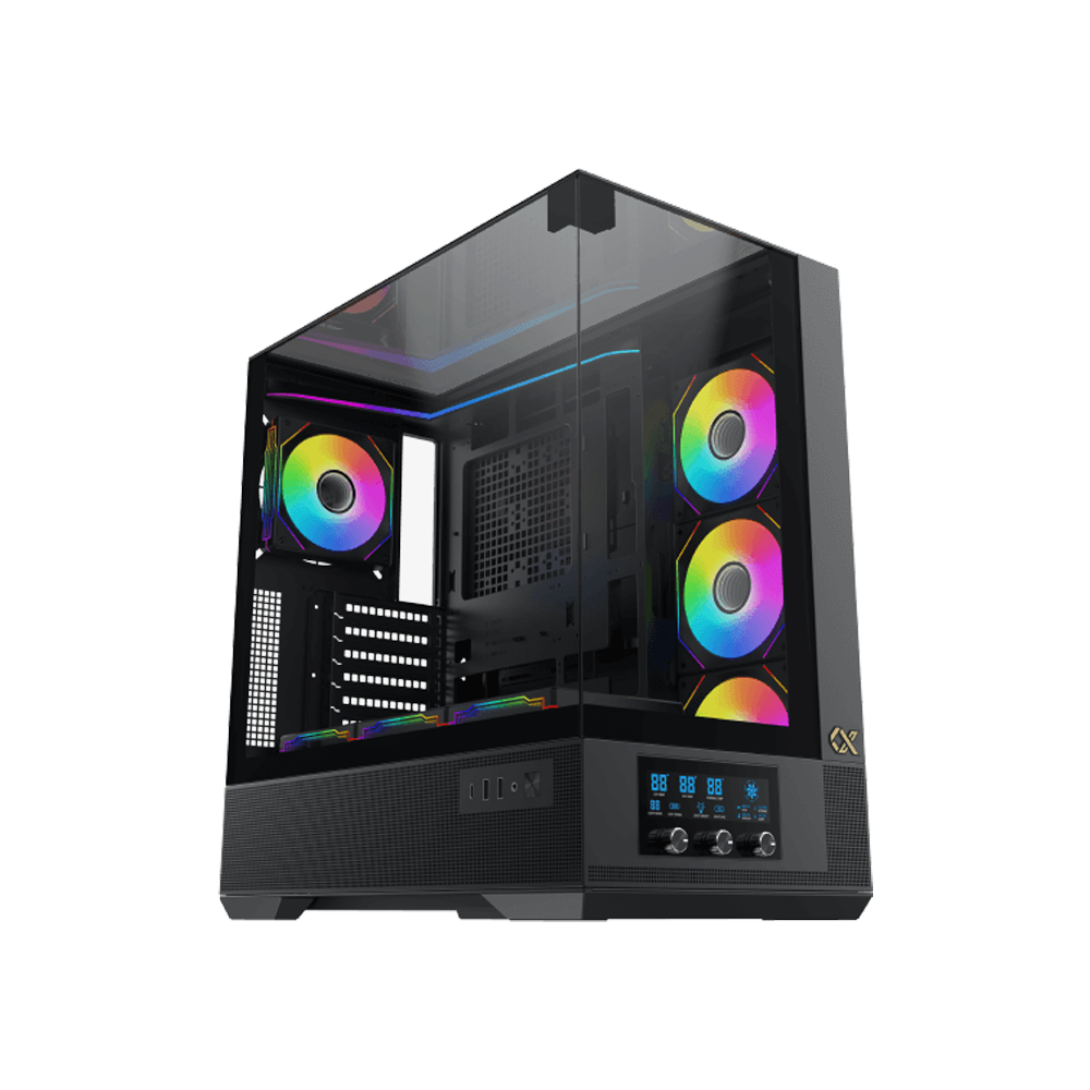 [EN45196] Xigmate Vision Midtower Smart Fan Control LCD Display Panel ATX Front Side & Left Side Tempered Glass Panel Case with 7 ARGB Fans - Black