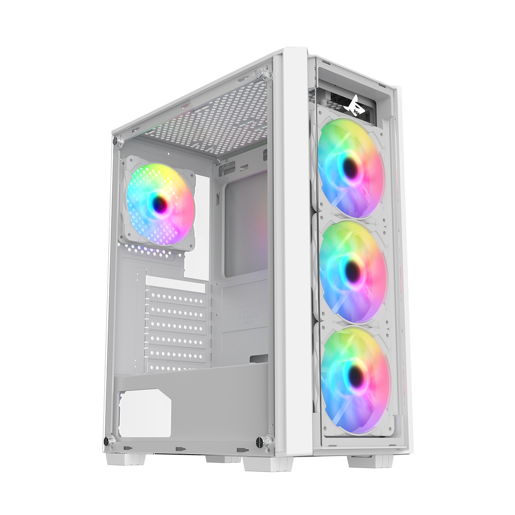 [S-200W] Sharx Striker Mid Tower Two Panel Front & Left Side Tempered Glass Case with 4 RGB Fans - White