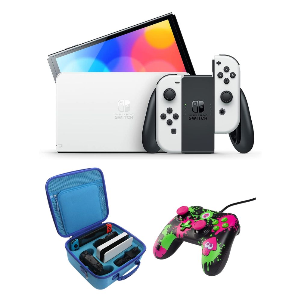 [505164] Nintendo Switch OLED Model w/ White Joy-Con with PowerA Enhanced Wired Controller for Nintendo Switch Splatoon 2 & DOBE Storage Bag For Nintendo Switch/Switch Oled - Blue