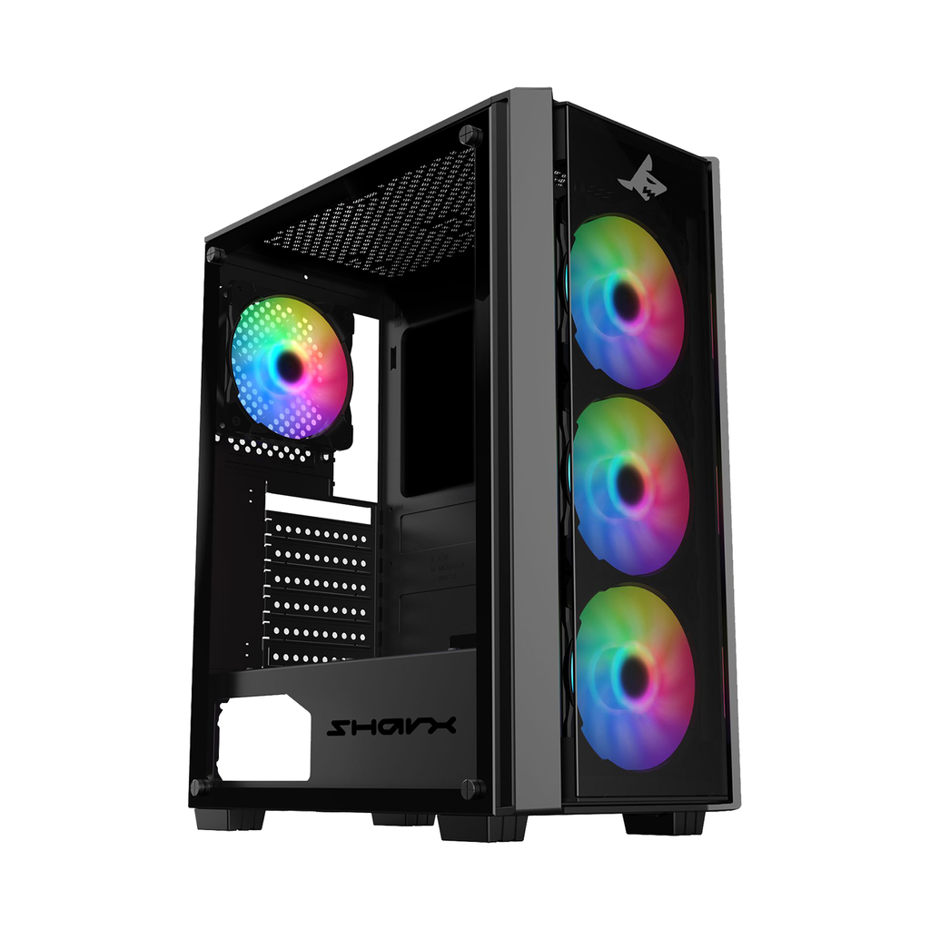 [S-200] Sharx Striker Mid Tower Two Panel Front & Left Side Tempered Glass Case with 4 RGB Fans - Black